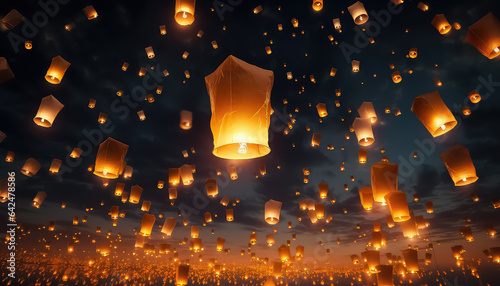 Flying lanterns in the sky during the Diwali festival in India