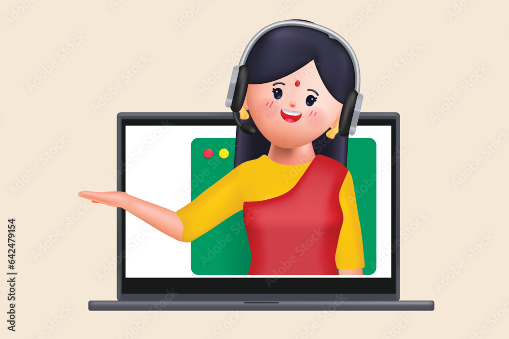 Young indian woman wearing saree. Business woman cartoon character design. 3d rendering illustration vector. Young indian woman wearing saree. Business woman cartoon character design. 3d rendering illustration vector.