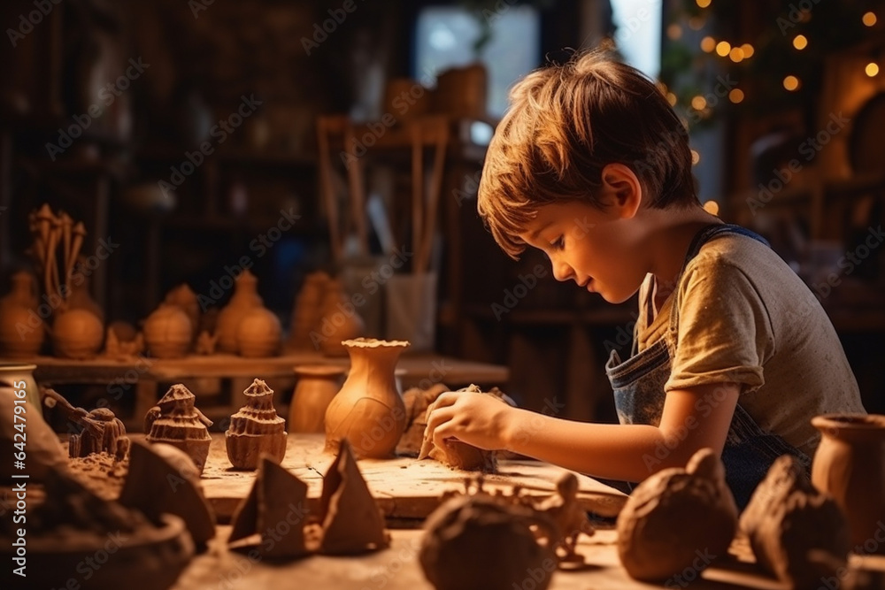 Kids larning creative art, pottery making with clay. Modern creative education. Generative AI - obrazy, fototapety, plakaty 