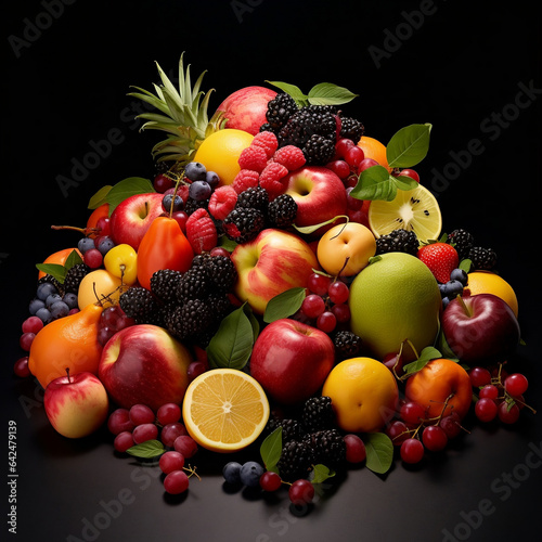 Różne owoce egzotyczne na czarnym tle - wyizolowane. Kompozycja ananasa, gruszek, jabłek, pomarańczy, jeżyn, czereśni, borówek. 