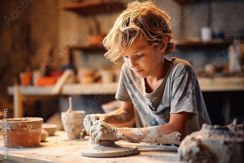 Kids larning creative art, pottery making with clay. Modern creative education. Generative AI