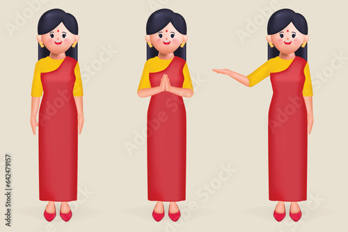 Young indian woman wearing saree and namaste. Business woman cartoon character design. 3d rendering illustration vector.