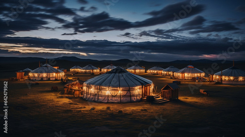 Glapling po zachodzie - oświetlone jurty mongolskie nocą na wynajem photo