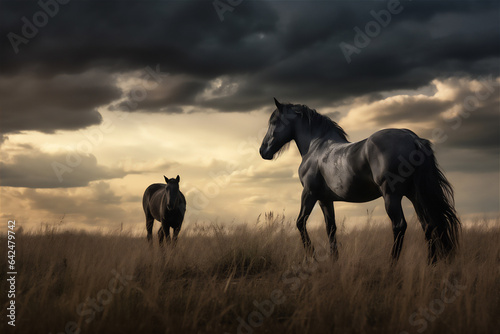 Horses running fast in the meadow with dramatic light and sky, dramatic light and shadow, hyper realistic, hyper detail, winning photo,