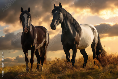 Horses running fast in the meadow with dramatic light and sky, dramatic light and shadow, hyper realistic, hyper detail, winning photo,