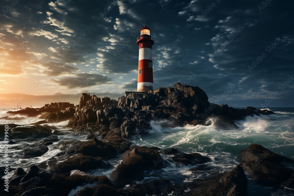 Photo of a picturesque red and white lighthouse perched on a rugged rocky shore created with Generative AI technology