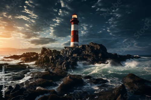 Photo of a picturesque red and white lighthouse perched on a rugged rocky shore created with Generative AI technology
