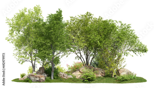 Group of trees among the rocks. Cutout trees isolated on transparent background. Landscape of green deciduous in summer. Forest scape for landscaping or architectural visualisation