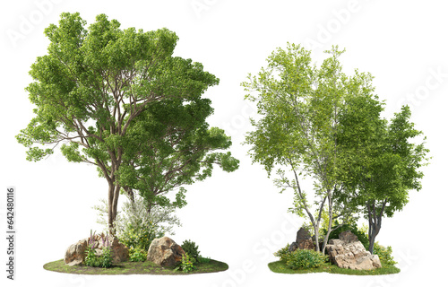 Group of trees among the rocks. Cutout trees isolated on transparent background. Landscape of green deciduous in summer. Forest scape for landscaping or architectural visualisation.	
