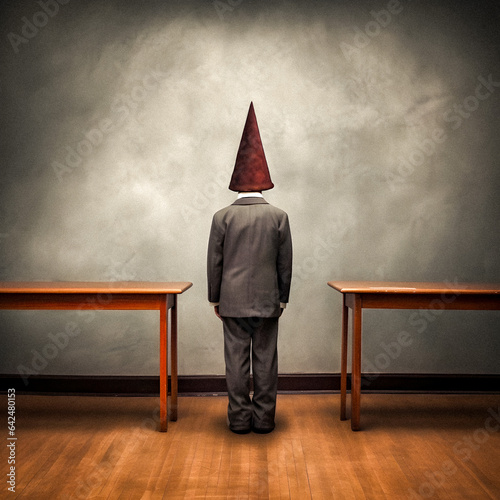 Retrograde Classroom Discipline: Punished Pupil in Dunce Cap - generative ai photo