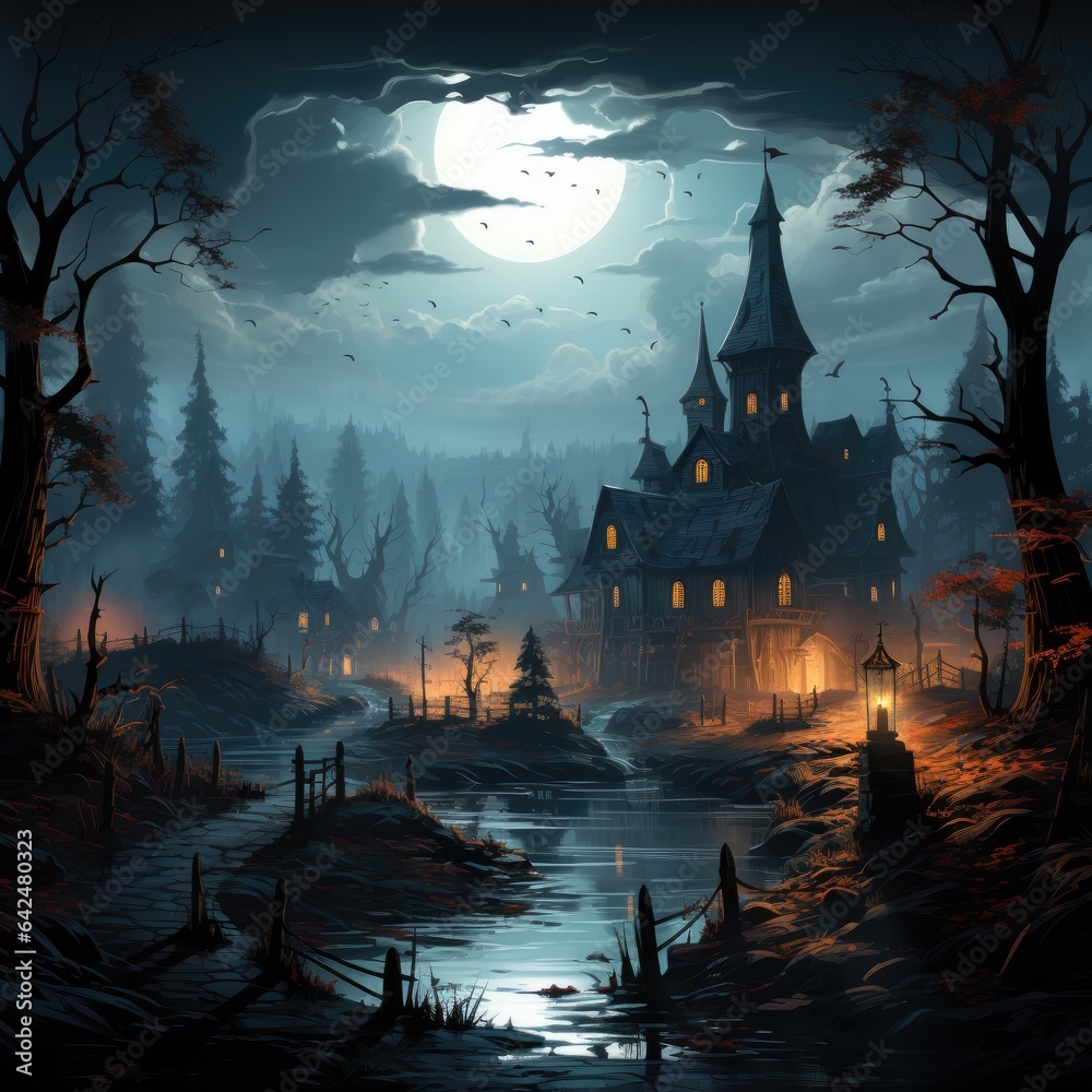 Moonlit Cemetery: Design a spooky cemetery scene with tombstones, bats, and a full moon backdrop