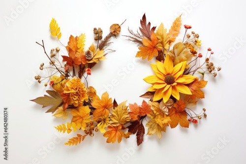 A wreath of flowers and leaves on a white surface. Digital image.