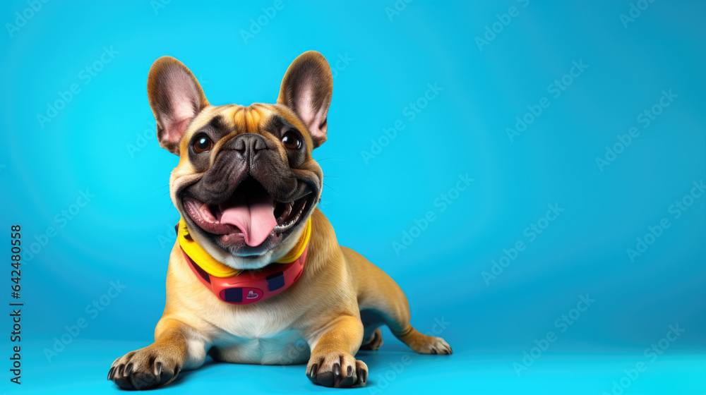 Happy smiling dog isolated on blue background.