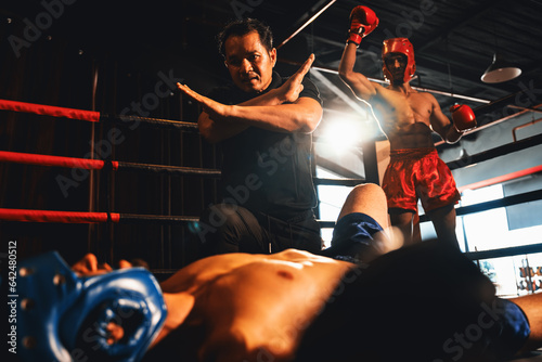 Boxing referee intervene, halting the fight to check fallen competitor after knock out. Referee pauses the action for boxer fighter\'s safety after KO with winner posing in background. Impetus
