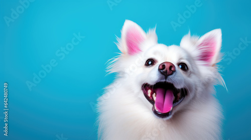 Happy smiling dog isolated on blue background.