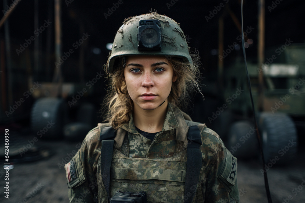 Female, woman Soldier in combat uniform close up portrait. Generative AI Female, woman Soldier in combat uniform close up portrait. Generative AI