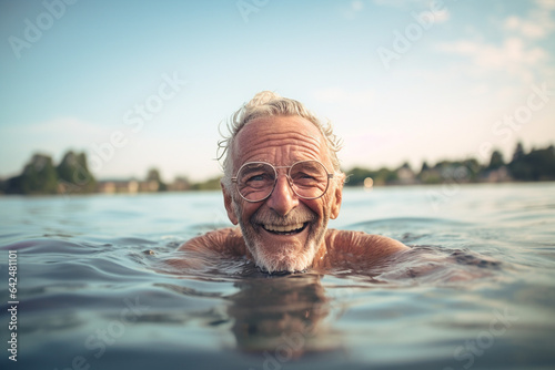 Elderly senior adult swimming in lake. Healthy lifestyle. Generative AI