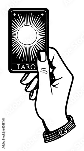 Hand with a tarot card. Graphic vintage vector illustration