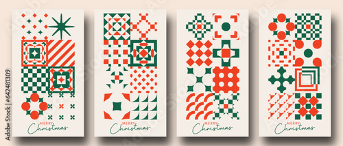 Geometric minimalist Christmas posters. Bauhaus / Zellige Inspired Christmas Backgrounds. Trendy Winter Holidays art templates. good for social media story posts and prints.