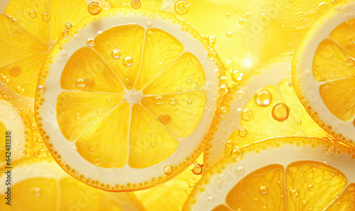 Close-up of a luminous lemon slice, radiating freshness against a vibrant backdrop. Created by AI