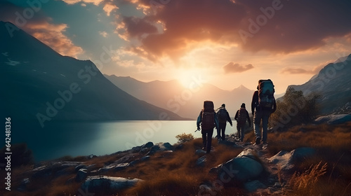 Group of sporty people hiking in mountain at sunset © May Thawtar