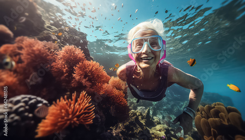 old woman with a mask for snorkeling in the sea near corals