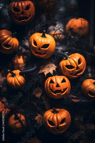 Spooky pumpkins background. Halloween jack o lanterns.