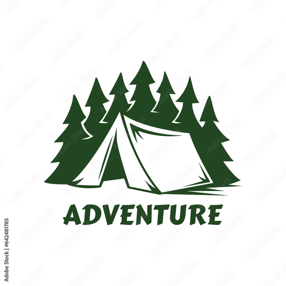 tent with pine tree silhouette mascot logo