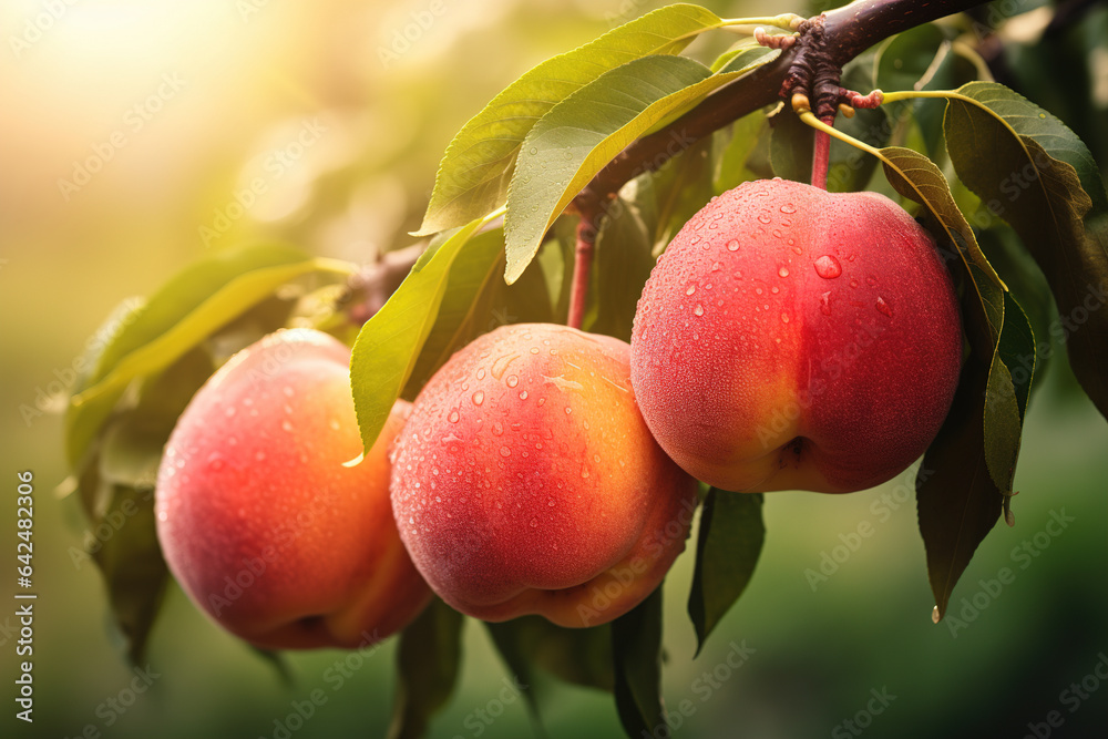 Sunlit Peach Bounty: Organic Charm in Maroon and Yellow Orchard