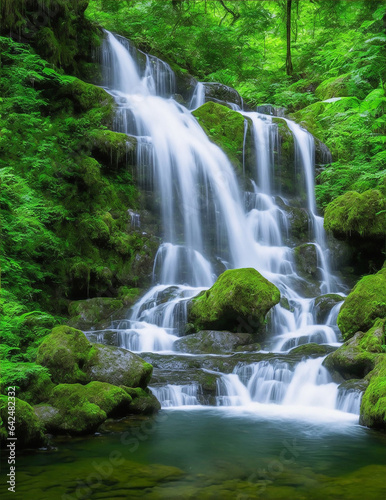 Capturing the Magnificent Cascade of a Waterfall Surrounded by Lush Vegetation  Photography