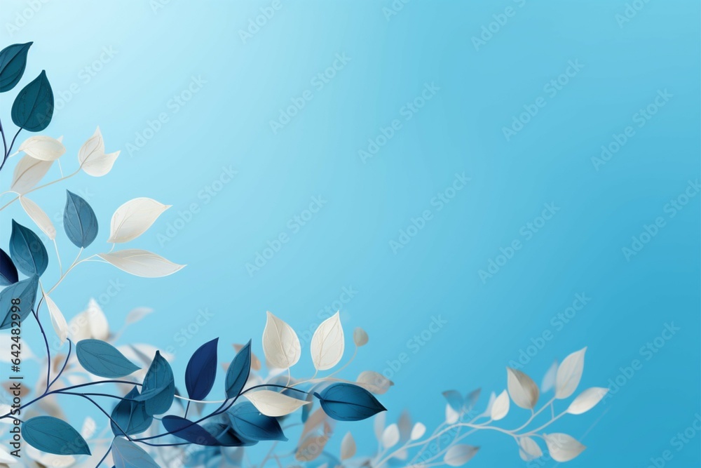 White skeletal elements, delicate pale blue leaves frame a text friendly design