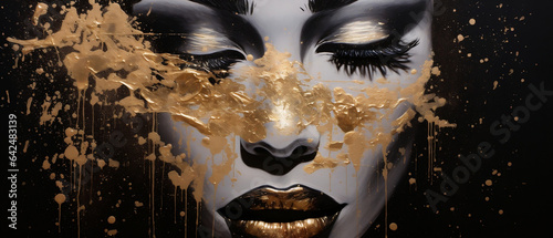 Czarny obraz twarz kobiety z plamami złotej farby. Mocny makijaż, zamknięte powieki. 