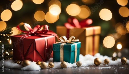 Bokeh lights and Christmas gift boxes - holiday spirit, warm and inviting, festive scene © ibreakstock