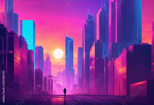 Beautiful sunset in cyberpunk cityscape - glitchy animation style  wallpaper backgroun