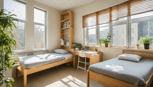 Student dormitory with bright and simple room for two students © ibreakstock