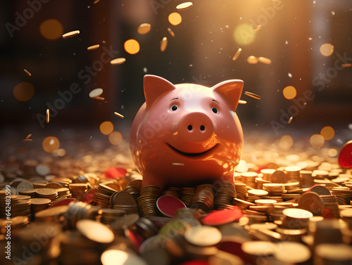 A concept image of savings and investment, featuring a pink piggy bank sitting on a pile of gold coins.
