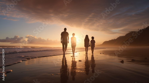 Silhouette of a couple with children on the beach during sunset