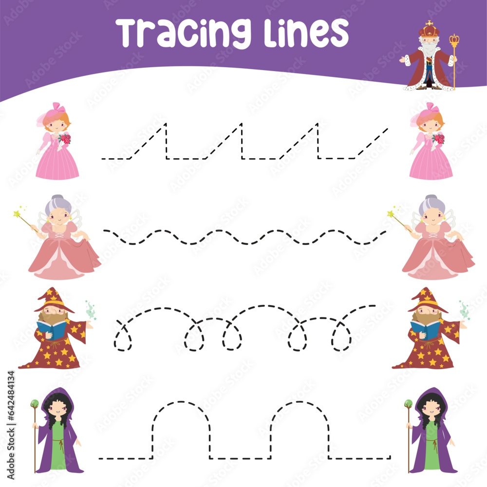 Tracing horizontal lines activity with cute fairytale kingdom theme