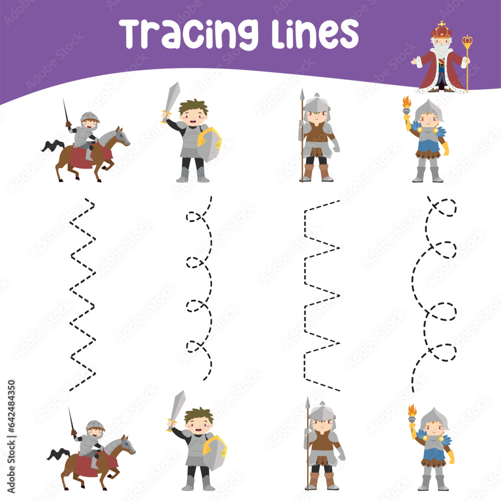 Fototapeta premium Tracing vertical lines activity with cute fairytale kingdom theme. Tracing worksheet for kids practising the motoric skills. Educational printable worksheet. Vector illustration.