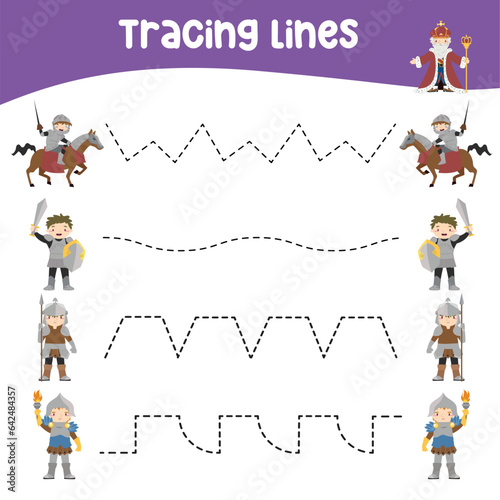 Tracing horizontal lines activity with cute fairytale kingdom theme. Tracing worksheet for kids practising the motoric skills. Educational printable worksheet. Vector illustration.