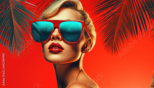 a woman in red sunglasses and a tropical background.