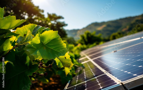 Solar panels integrated with the crops on a farm. Representation of agrovoltaics or agrivoltaics concept.