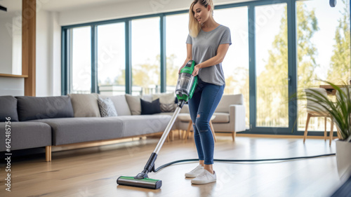 Woman housewife cleans her house with a vacuum cleaner