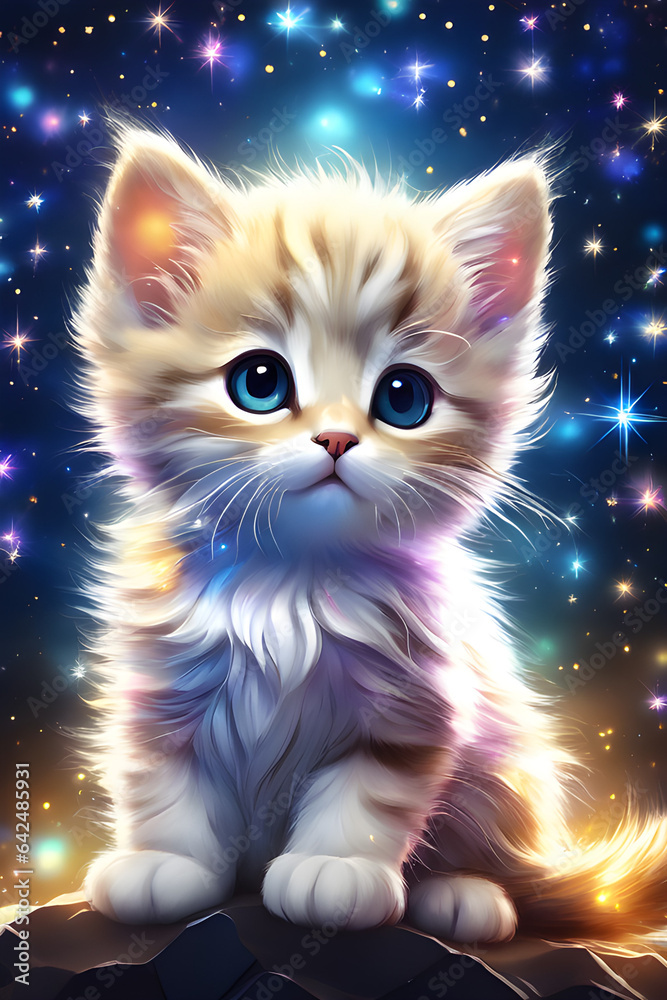 A cute cat under a sparkling starry night, vivid color