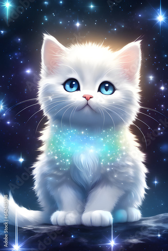 A cute cat under a sparkling starry night, vivid color