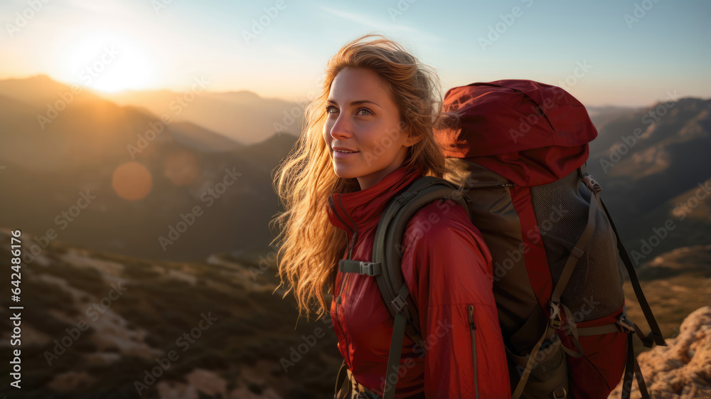 Portrait of a female hiker with a backpack on the mountain