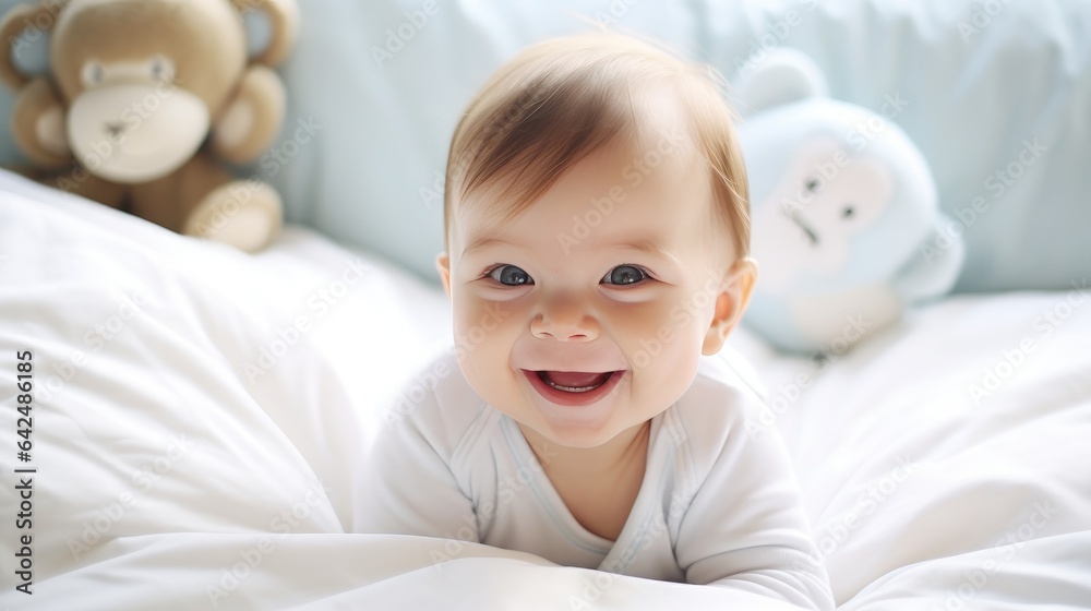 Touching portrait of a 5-month-old baby boy with Down Syndrome, highlighting his joyful and tender moments on the bed in his home bedroom. Touching portrait of a 5-month-old baby boy with Down Syndrome, highlighting his joyful and tender moments on the bed in his home bedroom.