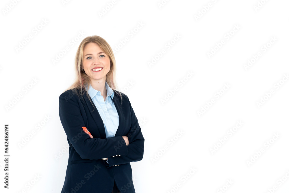 Young cheerful business lady with crossed arms standing and smiling isolated on white background Young cheerful business lady with crossed arms standing and smiling isolated on white background