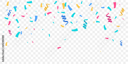Colorful confetti isolated on a transparent background. Vector banner background with colorful serpentine ribbons, space for your text in the center. Anniversary, holiday, greeting illustration in sim