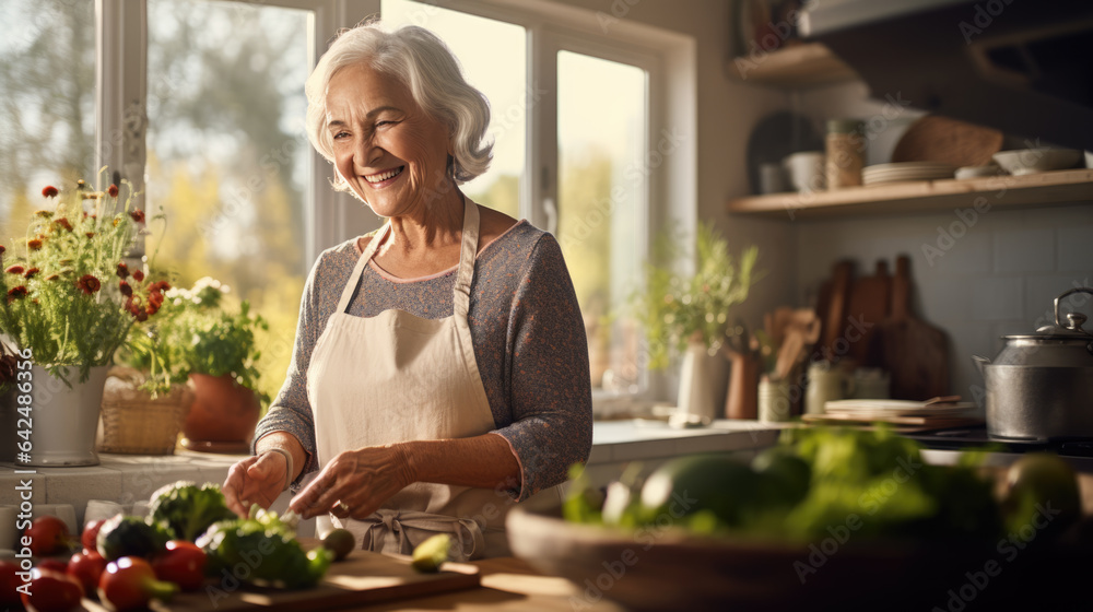 An elderly woman prepares dinner in the kitchen of her home An elderly woman prepares dinner in the kitchen of her home